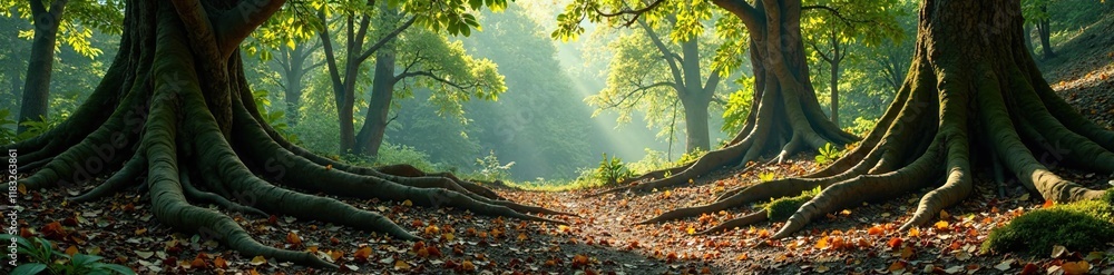 Unconventional Landscape with twisted tree roots, earthy tones, forest floor Unconventional Landscape with twisted tree roots, earthy tones, forest floor