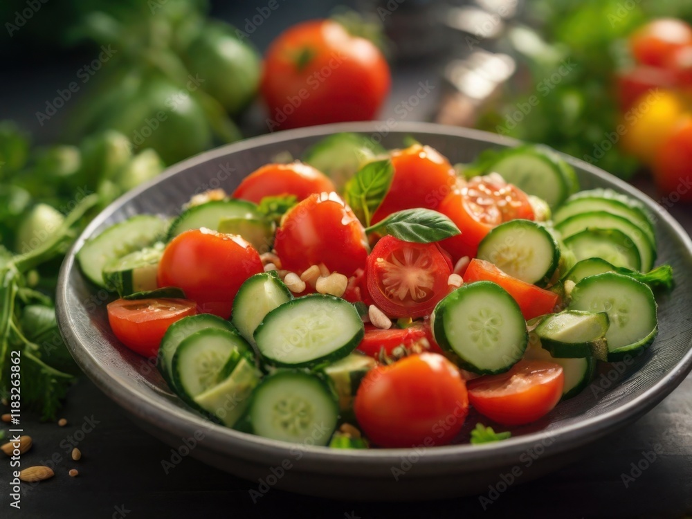 Tomatoes, cucumbers and basil, tomato and cucumber salad with herbs, summer vegetable mix, salad for healthy eating, taste of summer, cherry and cucumbers Tomatoes, cucumbers and basil, tomato and cucumber salad with herbs, summer vegetable mix, salad for healthy eating, taste of summer, cherry and cucumbers