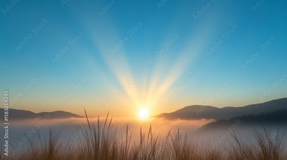 Fototapeta premium Serene Sunrise Over Mountains with Radiant Rays and Misty Landscape