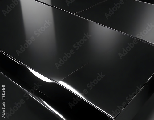 A high-gloss black surface with strong reflections for sleek products.