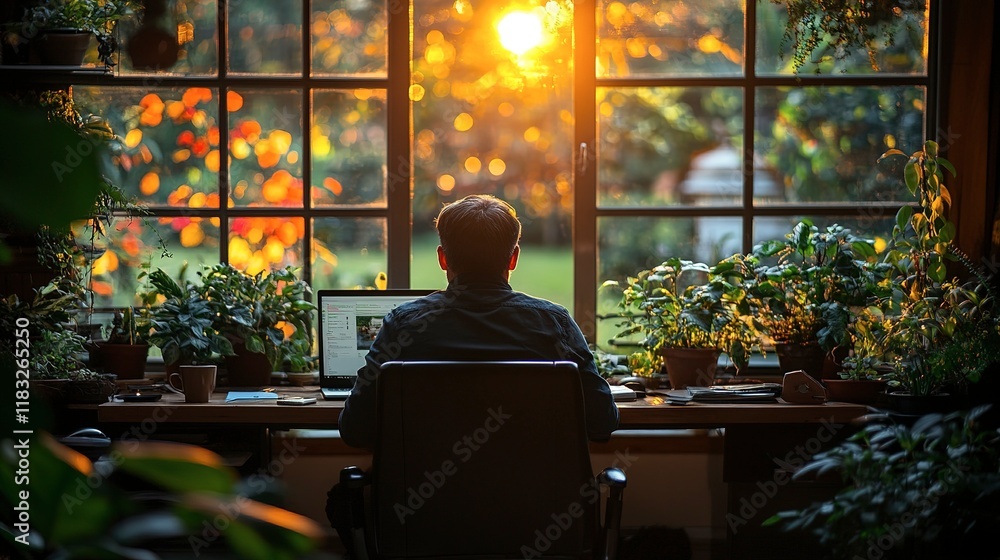 Man Working From Home At Sunset With Plants Man Working From Home At Sunset With Plants