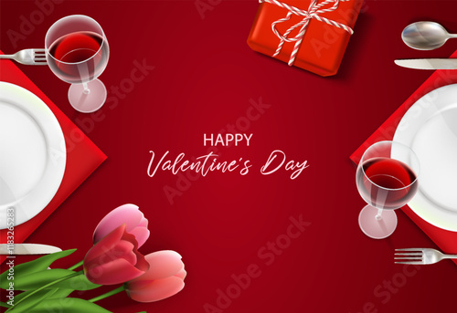 3d Vector realistic horizontal banner. Pomantic happy valentines background with flowers and red rpesent box. photo