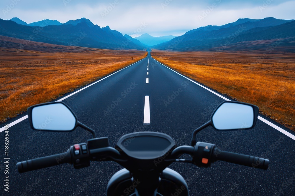 Fototapeta premium A scenic view from a motorcycle on an open road, surrounded by breathtaking landscapes and mountains.