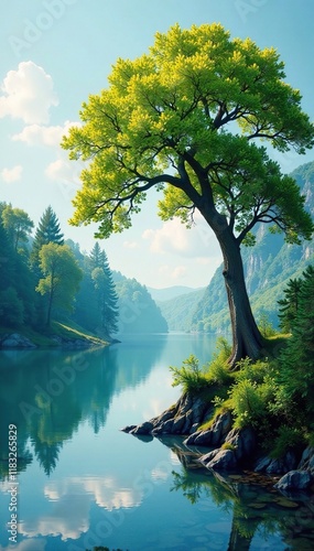 Waterpainted tree against the tranquil river background, tree, forest, landscape photo