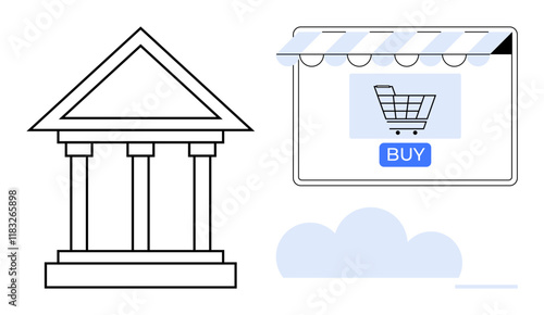 Columns resembling a bank building next to an online storefront with a shopping cart and Buy button. Ideal for topics finance, digital transformation, online shopping, e-commerce, fintech