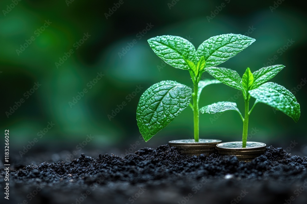 Two vibrant green seedlings sprout from coins in rich soil. Illustrates growth, investment, and financial prosperity. Two vibrant green seedlings sprout from coins in rich soil. Illustrates growth, investment, and financial prosperity.