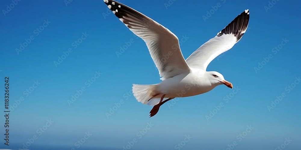 Obraz premium Dove Soaring with Wings Open in Blue Sky,Majestic white dove soaring gracefully against a clear blue sky. Generative AI 9984