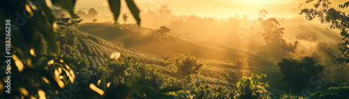 Morning light over specialty coffee bean fields lush landscape nature photography serene environment panoramic view