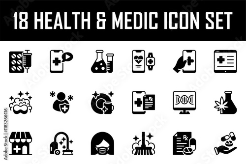 set of 18 medical icons. heartbeat, pulse, drug, icon set, health care, insurance, pharmacy