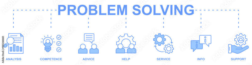 Problem solving banner web icon vector illustration concept with icon of analysis, competence, advice, help, service, info, support Problem solving banner web icon vector illustration concept with icon of analysis, competence, advice, help, service, info, support