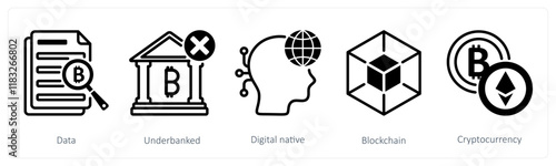 A set of 5 bitcoin icons as data, underbanked, digital native