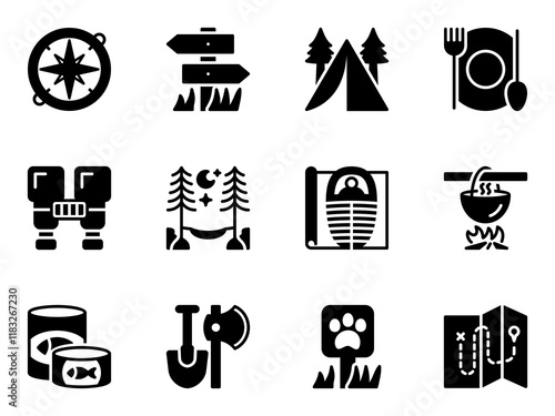 camping icons set. direction, lamp, map, recreation, tool, fire, photo, camera, hiking, location, pictogram, first aid, pointer, trekking, kit, route, survival, camp