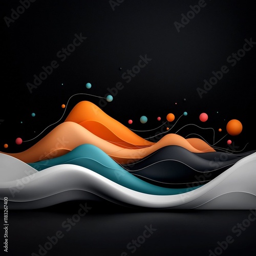 Dreamlike Abstract Dark Canvas with Pastel Colored Dots and Sweeping Lines Forming a Wave Patterned Mountainous Topography 3D Rendering in Pristine White Environment with Crisp Definition photo