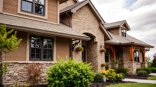 Wallpaper Mural A view of two connected houses with tan siding, stone accents, dark-framed windows, and gray roofs.  Landscaping includes shrubs and flowers.  The style is contemporary with traditional elements. Torontodigital.ca