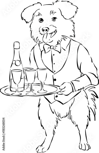 Ilustración vectorial de perro vestido de camarero llevando una fuente con botella y copas. Dibujo de perro sirviendo bebidas. 