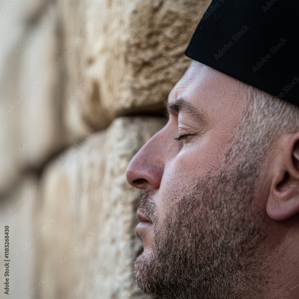 Obraz premium A Jewish man in a kippah, standing before the Western Wall in Jerusalem, bowing or focusing in prayer.