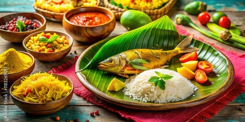 Vibrant Panta Bhat and fish, a delicious Bengali New Year feast.  Pahela Baishakh celebrations captured in food photography. photo