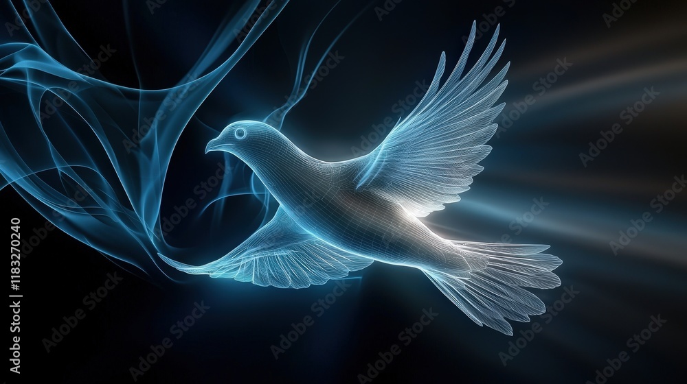 Fototapeta premium A mystical glowing bird soaring through a dark background, surrounded by light trails, symbolizing freedom and tranquility.