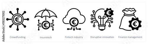 A set of 5 Euro icons as crowdfunding, insuretech, fintech industry