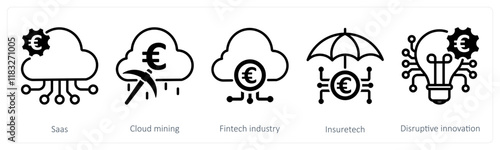 A set of 5 Euro icons as saas, cloud mining, fintech industry