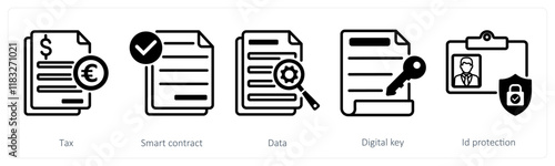 A set of 5 Euro icons as tax, smart contract, data