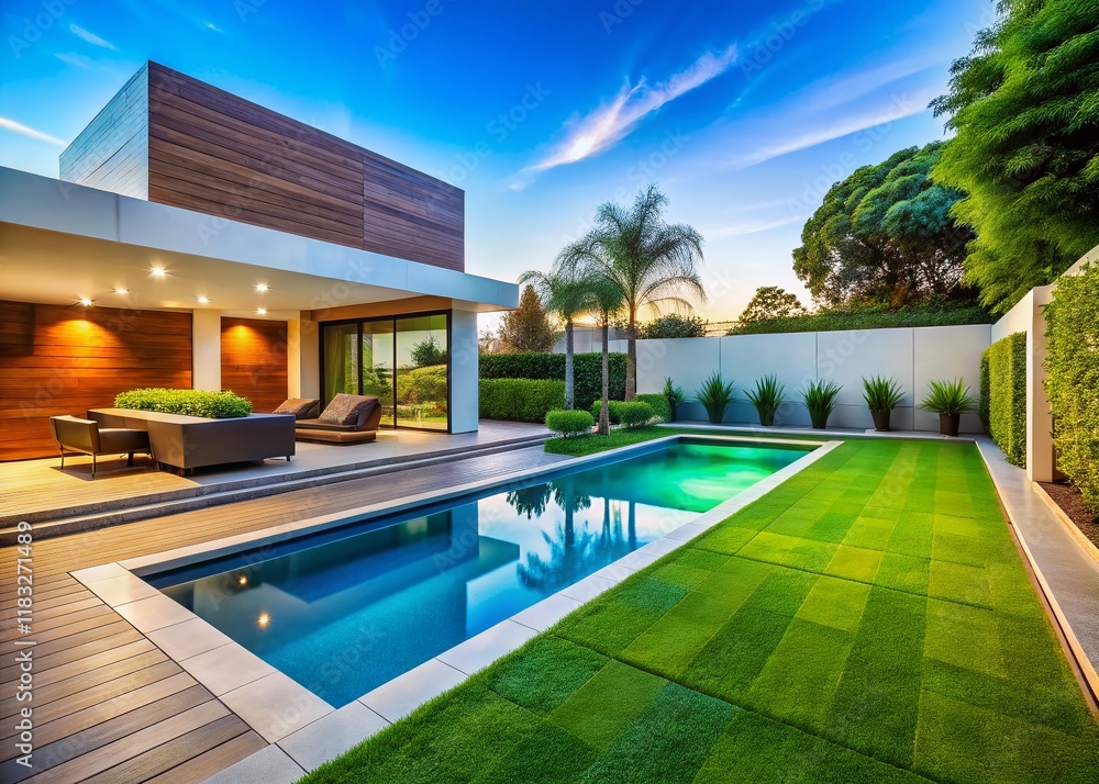 Fototapeta premium Modern Poolside Oasis: Lush Green Artificial Grass Lawn & Relaxing Outdoor Space