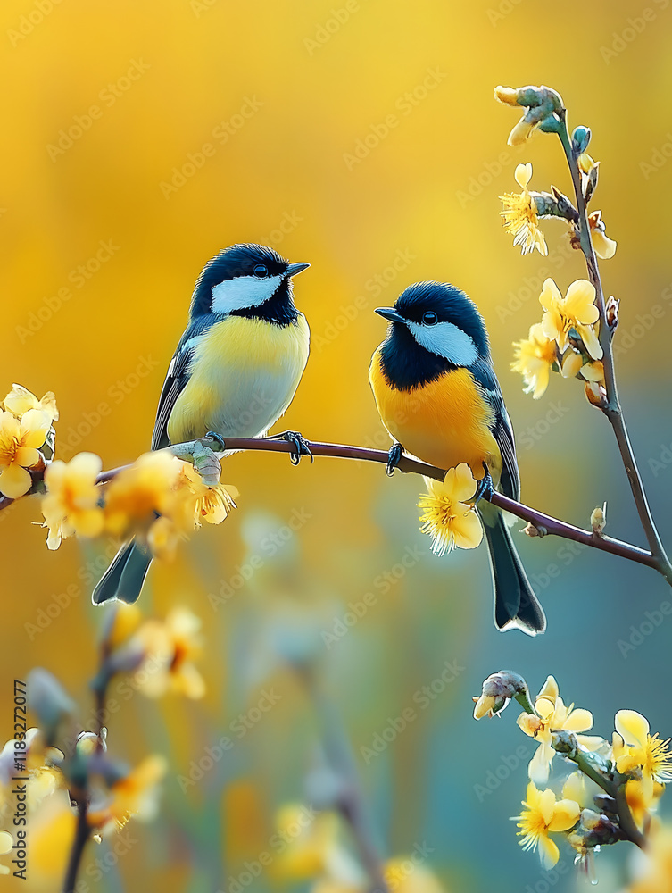Fototapeta premium The image shows two Parus majors perched on branches amidst white flowers.