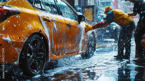 Car wash action in busy city street urban environment vibrant scene close-up view photo