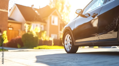 A used car in pristine condition parked on a quiet driveway, illuminated by soft natural lighting, highlighting its cleanliness, quality, and simplicity, perfect for showcasing affordability