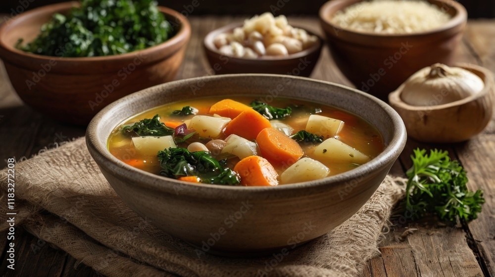 Rustic Hearty Vegetable Soup with Fresh Herbs and Crusty Bread Rustic Hearty Vegetable Soup with Fresh Herbs and Crusty Bread