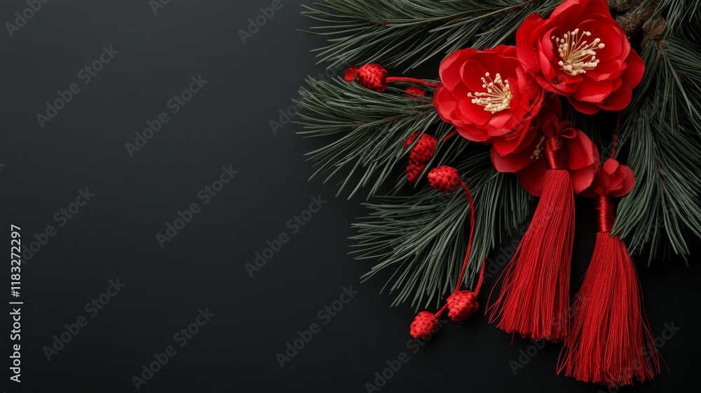 Obraz premium Chinese New Year tassels and red camellia flowers in black background photo for copy space greeting card, advertisement, campaign.