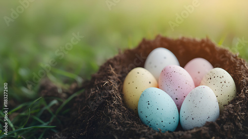 Easter egg nesting colorful eggs in a garden setting nature photography springtime serenity photo