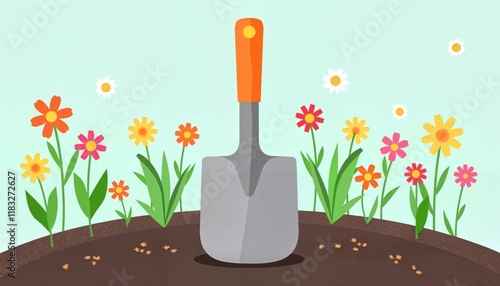 A Garden Shovel Resting in Tilled Soil Surrounded by Vibrant Flowers and Lush Green Plants