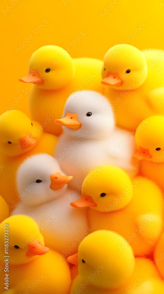 Fluffy ducks gathering imaginative scene playful dolls bright yellow environment cheerful perspective Fluffy ducks gathering imaginative scene playful dolls bright yellow environment cheerful perspective