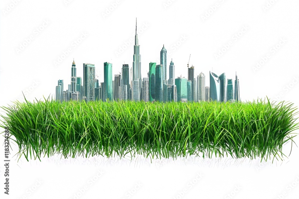 Fototapeta premium Green Grass and City Skyline: Urban Development, Sustainability, Green Space, Environmentalism, Ecology, Nature, Architecture, Cityscape, Grass, Skyscrapers