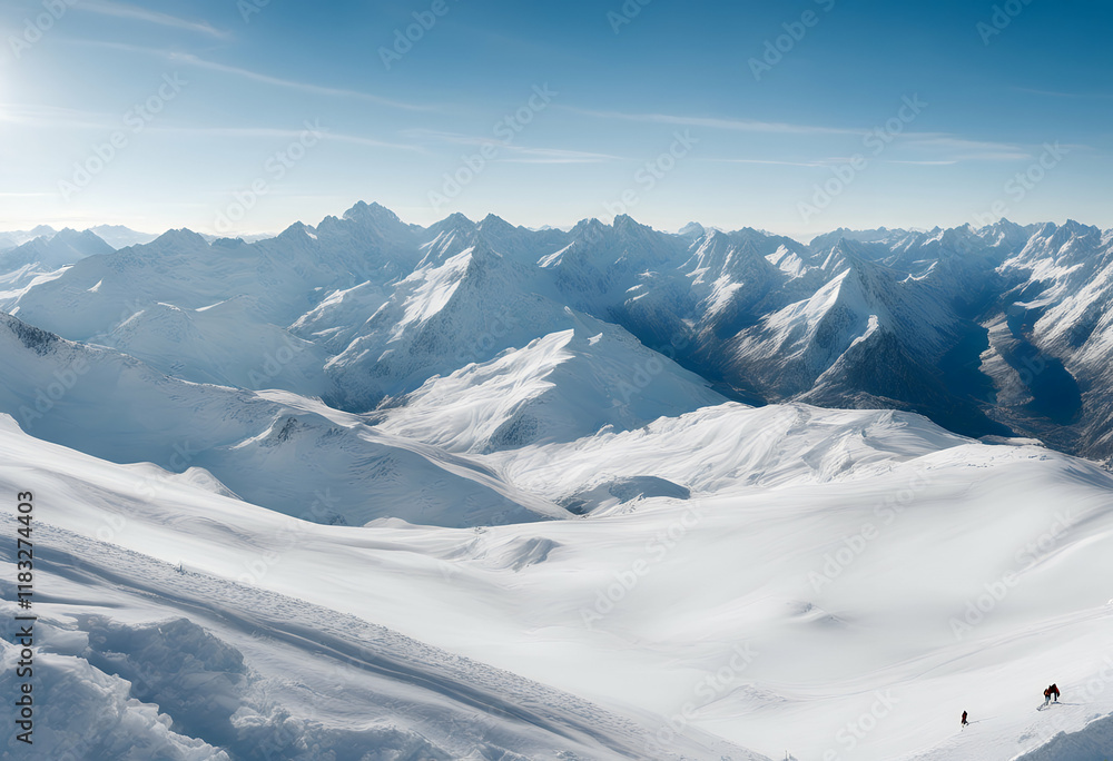 Obraz premium snow blue landscape panoramic stubai slopes schaufelspitze mountain sunny background covered top gletscher ski sky winter pistes view spring sport nature sun travel alps europa austria panorama peak