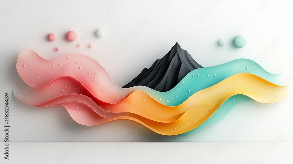 Minimalist abstract digital artwork featuring a mountainous silhouette contoured by pastel hued dots and flowing curving lines in a clean white setting  This contemporary