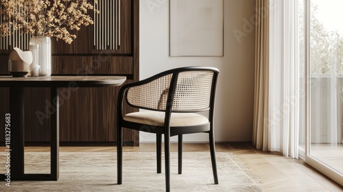 Modern dining chair, rattan back, wooden legs, beige cushion, minimalist room, design catalog photo