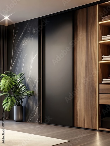Wallpaper Mural Modern built-in wardrobe, sliding doors, wood and black panels, organized interior, clean design, ambient lighting, minimalist bedroom storage, contemporary closet system, sleek furniture, neutral col Torontodigital.ca