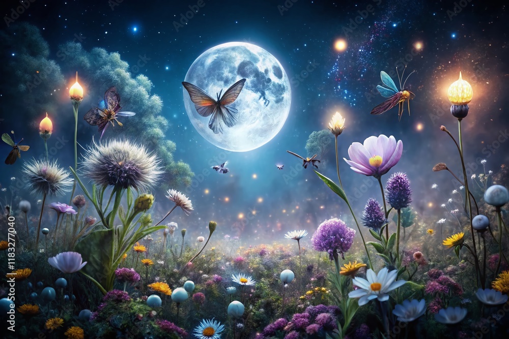 Moonlit Celestial Garden: Nocturnal Blooms Under Silver Light Moonlit Celestial Garden: Nocturnal Blooms Under Silver Light