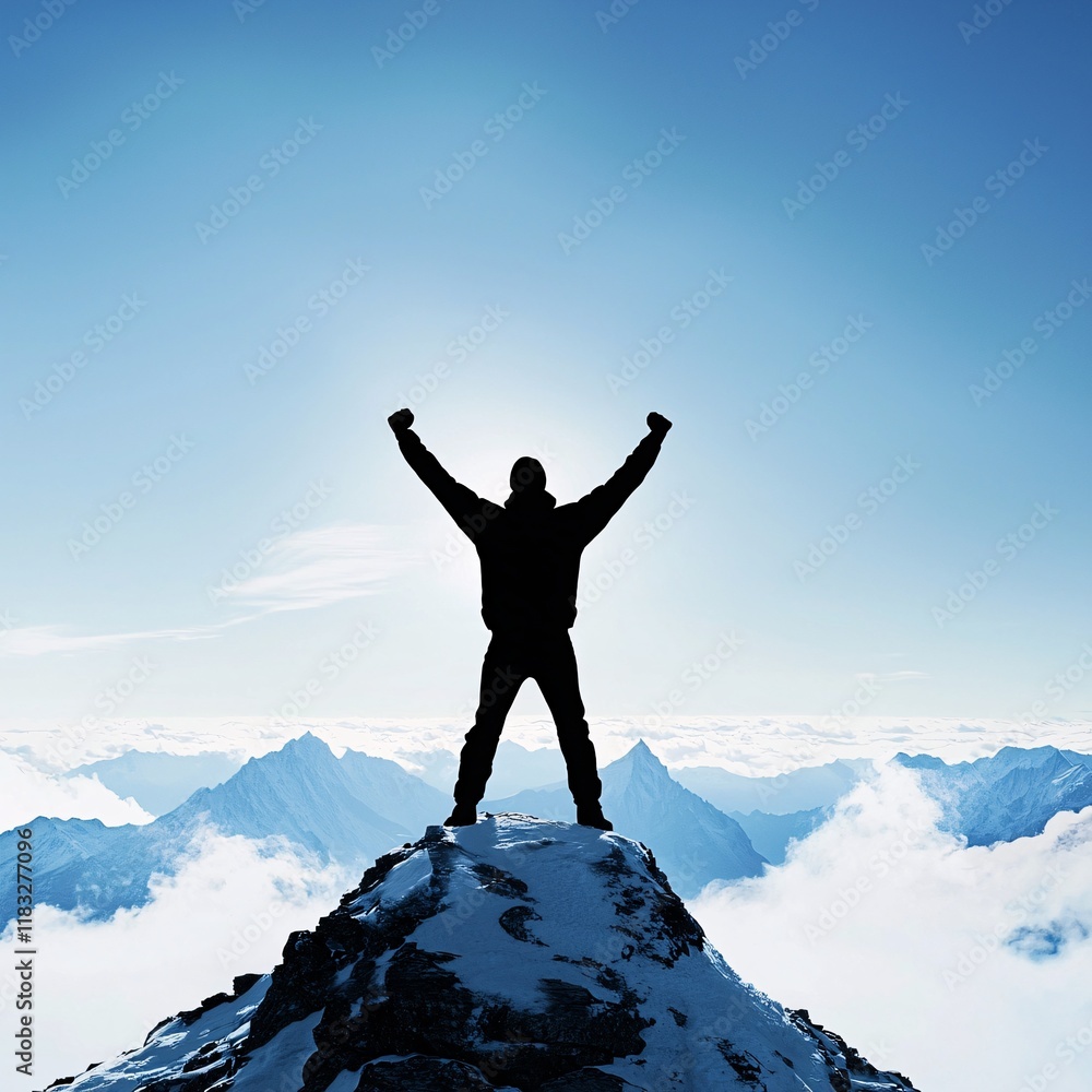 A hiker standing triumphantly on a mountain peak, illustrating the achievement of life goals and personal motivation A hiker standing triumphantly on a mountain peak, illustrating the achievement of life goals and personal motivation
