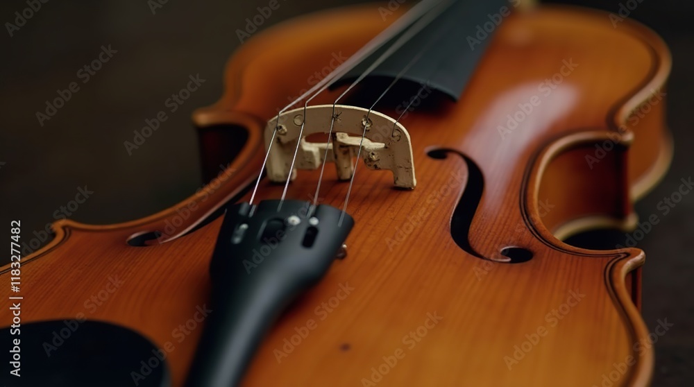 Fototapeta premium Close-Up of a Violin Bridge Displaying Its Strings and Classic Wooden Structure