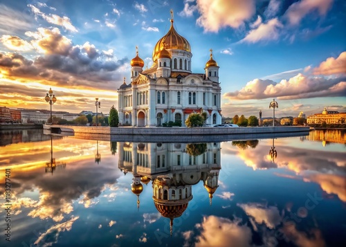 Moscow Cathedral Christ Saviour Water Reflection, High-Resolution Stock Photo