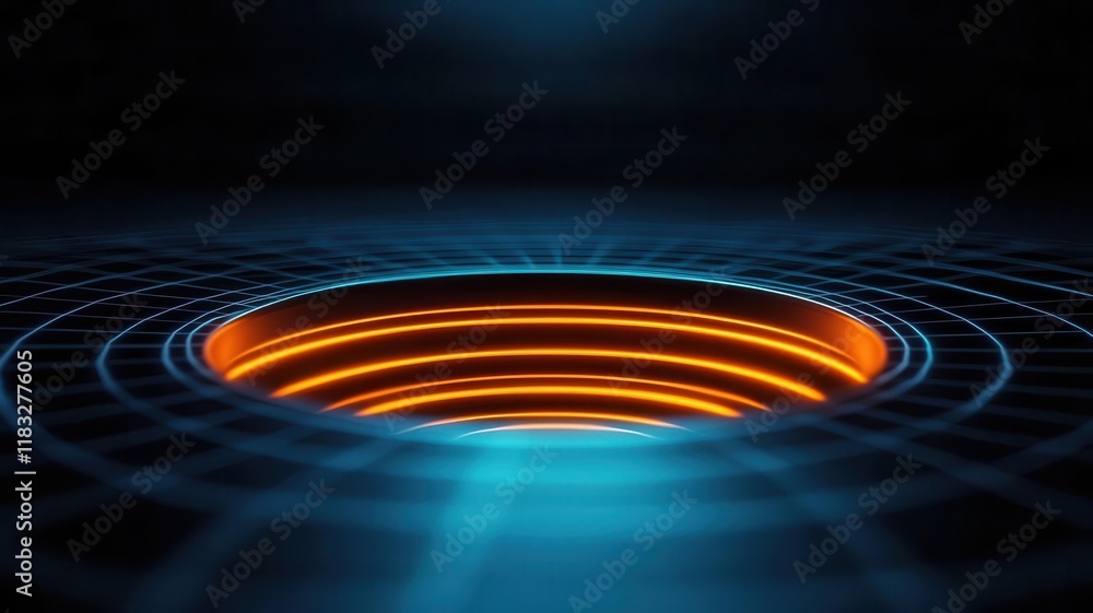 Abstract futuristic design featuring glowing concentric circles in a dark setting. Abstract futuristic design featuring glowing concentric circles in a dark setting.