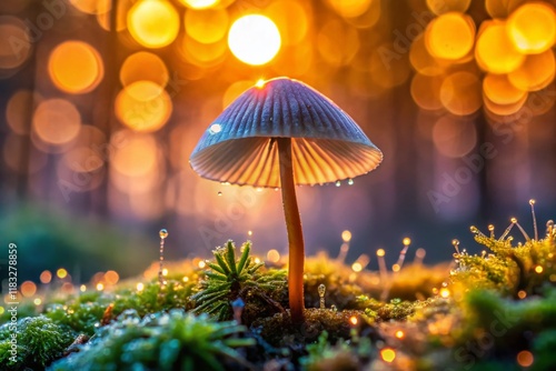 Mycena Mushroom Silhouette, Soft Morning Light, Close-up, Fungi Photography photo