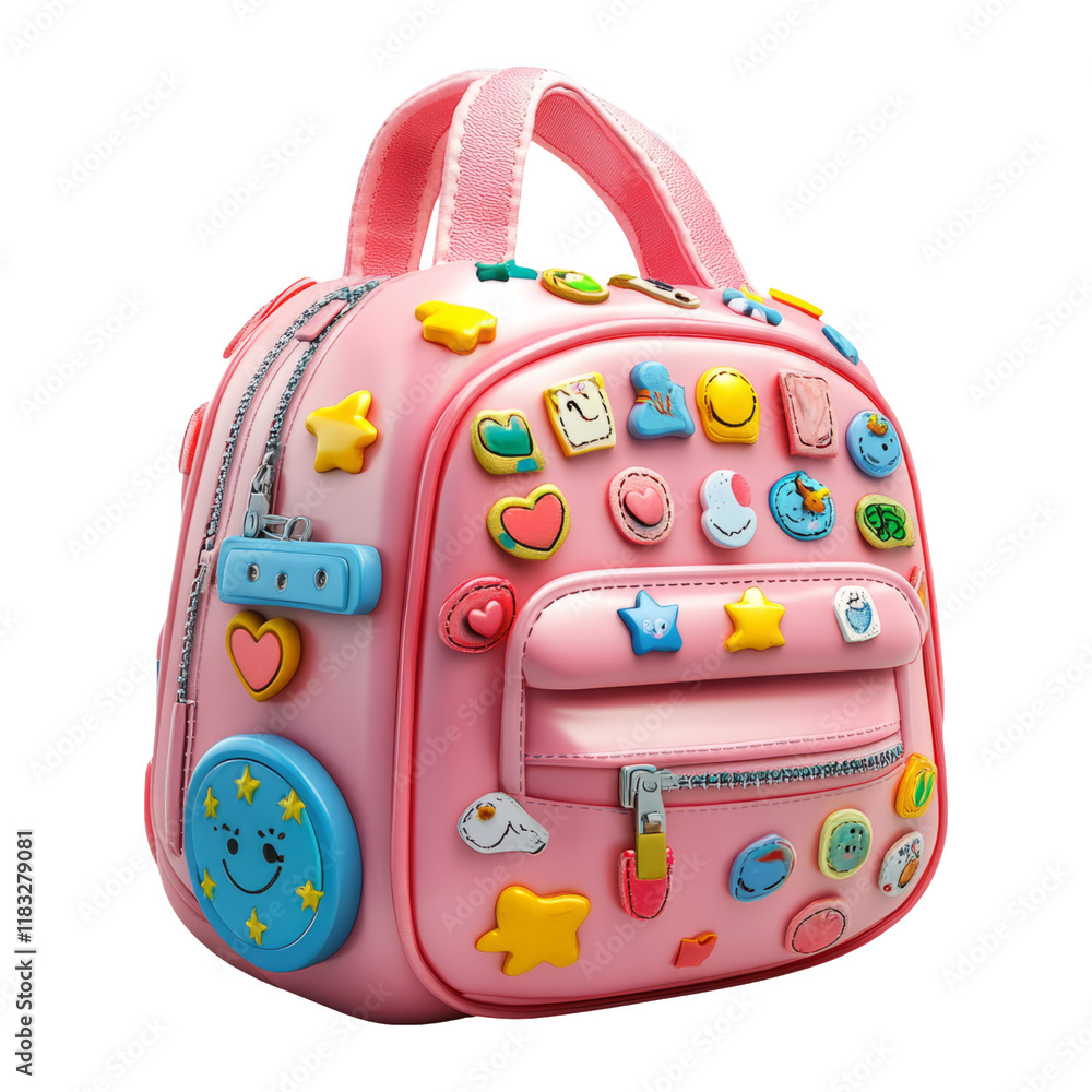 Cute pastel pink backpack with colorful playful patches isolated Cute pastel pink backpack with colorful playful patches isolated