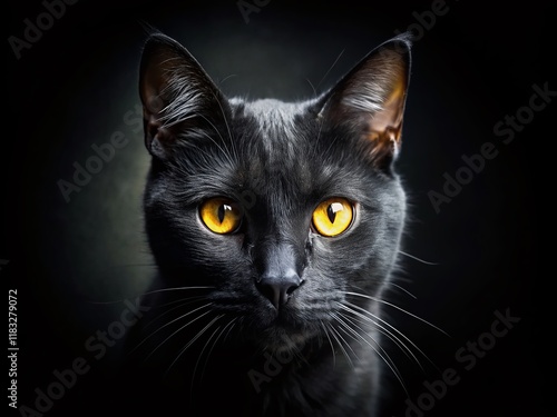 Mysterious Black Cat with Glowing Yellow Eyes in Shadow - Urban Exploration Photography