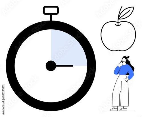 Large stopwatch showing partial time, outlined apple with leaf, person standing thoughtfully with hand on chin. Ideal for productivity, health, planning, decision-making, efficiency, wellness