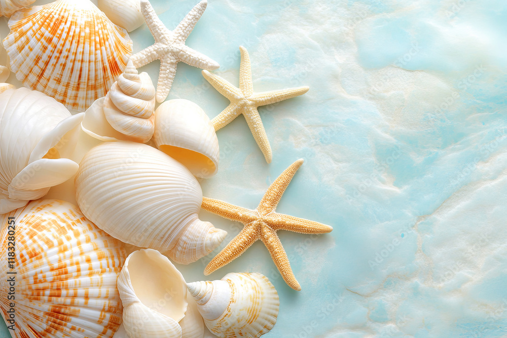 Collection of Sea Shells and Starfish on Soft Blue Background for Coastal Decor and Design Collection of Sea Shells and Starfish on Soft Blue Background for Coastal Decor and Design