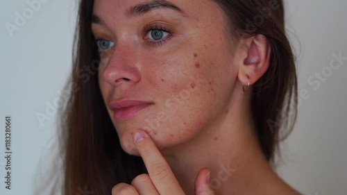 Young girl with oily problem sensitive facial skin suffering from acne, post-acne, cosmetology and dermatology